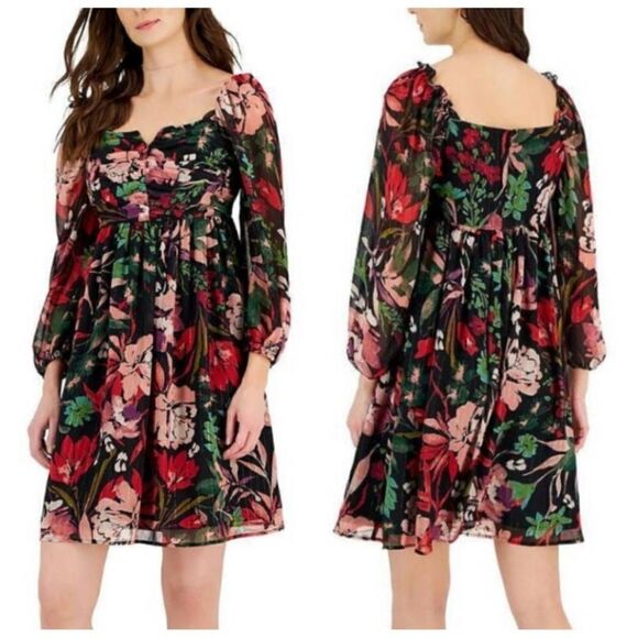 Tahari Floral Black Pleated Top Empire Waist Balloon Sleeves Dress Size 6 - Picture 1 of 12